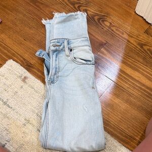 Light Blue Ankle Cropped Women's Jeans with Frayed Hem